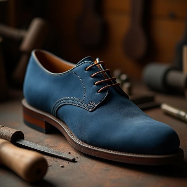 A well-worn indigo shoe on a craftsman's workbench, ready for repair.